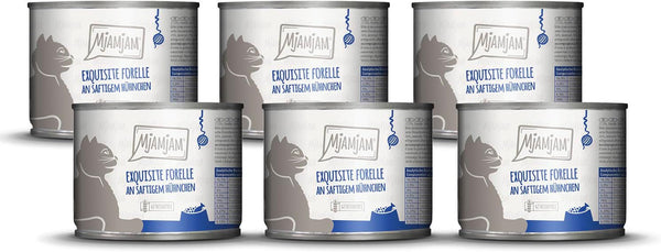 Mjamjam - Hrană umedă premium pentru pisici - Păstrăv rafinat cu pui suculent, pachet de 6 (6X200G), fără cereale