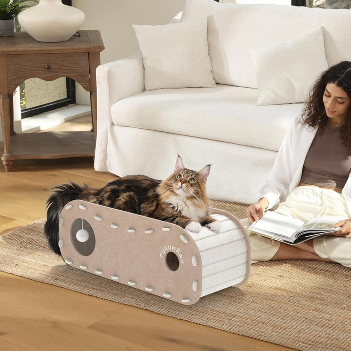 Pat pentru pisici FUKUMARU, Peșteră robustă din fetru de înaltă calitate, Casă pentru pisici de interior, Pat pentru pisici cu 2 straturi, Peșteră pentru pisici pentru dormit, joacă și ascundere, Peșteră din fetru bej