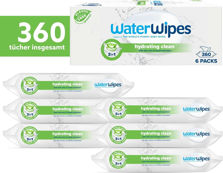 Waterwipes Șervețele pentru bebeluși hidratante și de curățare, cu 99% apă și extract de Aloe Vera, șervețele umede pentru față și corp Naty Shop