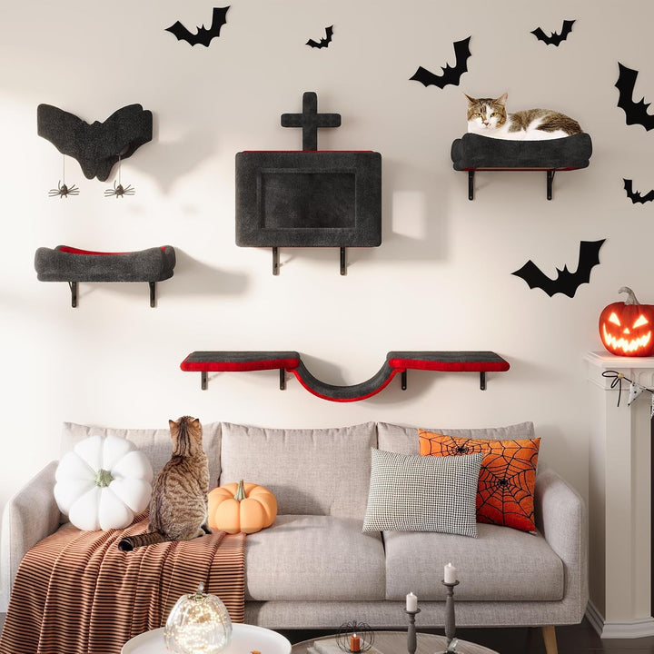 YITAHOME Set de perete de cățărat gotic pentru pisici, fabricat din flanel, mobilier robust pentru pisici din 5 piese cu căsuță pentru pisici, pat pentru pisici, hamac pentru pisici, coloană din sisal cu păianjen pentru dormit, joacă sau relaxează pisica