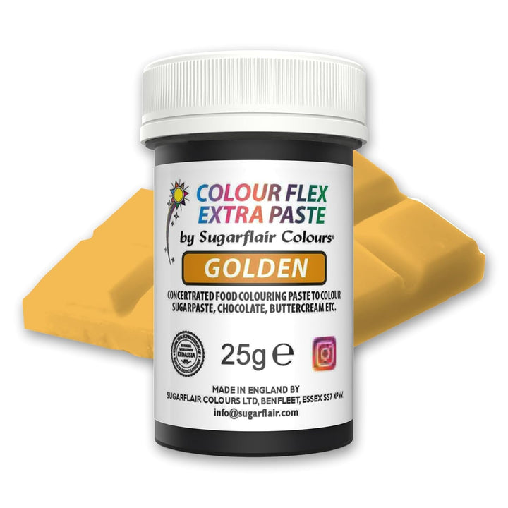 Pastă colorantă alimentară Sugarflair Colourflex Extra Paste Golden - Colorant alimentar comestibil pentru cremă de unt, ciocolată, pastă de zahăr, glazură, fondant, mixuri pentru prăjituri, aluat și multe altele - 25g