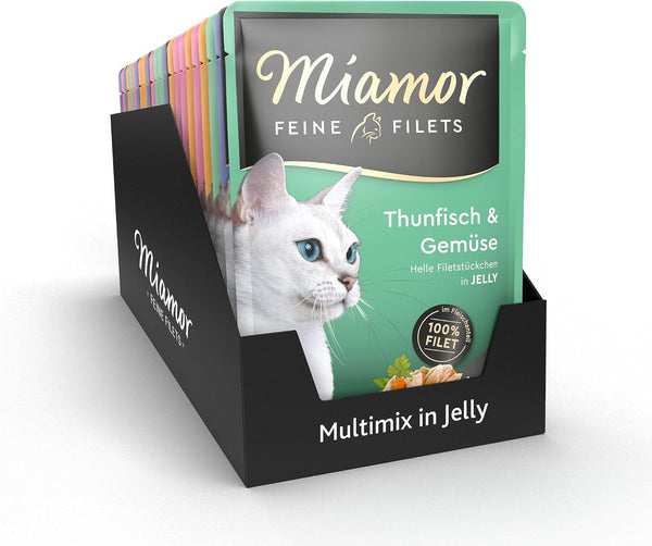 - Fileuri fine în jeleu mix pack | Hrană umedă Pentru pisici adulte Cu bucăți de file în jeleu. Hrană complementară cu conținut scăzut de grăsimi într-o pungă proaspătă, fără aditivi artificiali | 24X100G