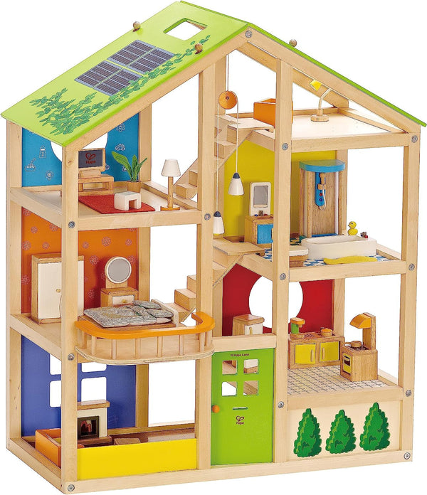 Hape Four Seasons Wooden Doll's House Casă de păpuși premiată cu trei etaje, cu mobilier, accesorii, scări mobile și acoperiș reversibil pentru fiecare sezon Casute de papusi Naty Shop Four seasons house (mobilat)