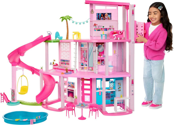 Barbie Dream Villa, casă Barbie cu 3 etaje cu 10 zone de joacă, inclusiv piscină, tobogan, lift, 75 de accesorii pentru păpuși, cățeluș de jucărie, jucărie pentru copii cu vârsta de peste 3 ani, HMX10 Casute de papusi Naty Shop Casă de păpuși Vilă de vis piscină petrecere casă de păpuși