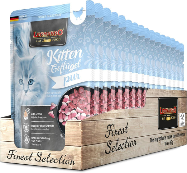 Leonardo Fresh Pouch [16X85G Kitten Poultry] | Hrană umedă fără cereale pentru pisici | Hrană umedă completă în pungă cu porție unică