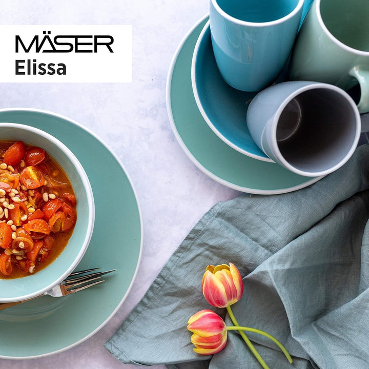 MÄSER 931770 Serie Elissa Modernes Geschirr Set Für 6 Personen in Türkis Mit Weißem Rand, 24-Teiliges Kombiservice, Steinzeug Seturi vesela masa Naty Shop