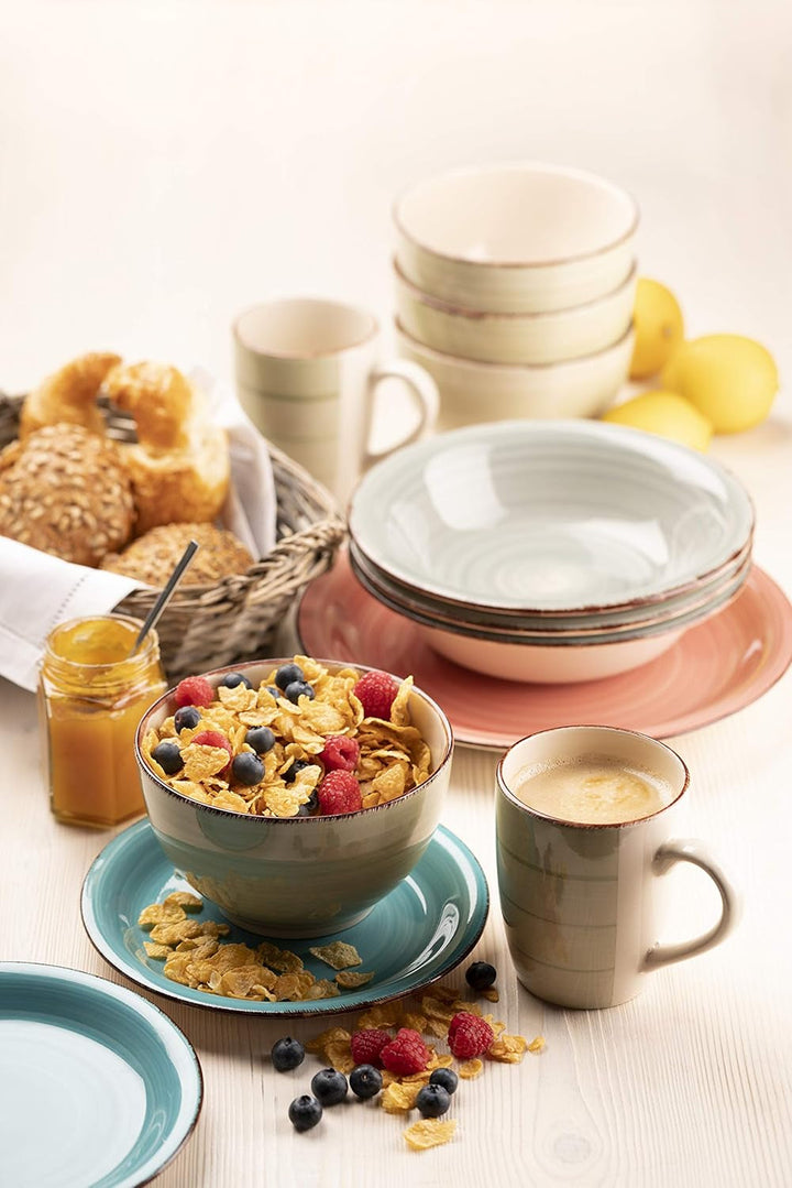 MÄSER Teller-Set Für 6 Personen Im Modernen Vintage Look, 12-Teiliges Tafelservice, Handbemalt, Blau, Steingut, Rauchblau (Bel Tempo II) Seturi vesela masa Naty Shop