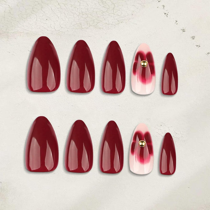 24 Flori Burgundy cu Armură de Diamant, Unghii Presabile, Unghii Artificiale pentru Lipire, Set Vârfuri de Unghii