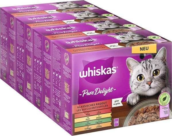 Hrană pentru pisici Whiskas 1+ Pure Delight Classic Selection in Jelly, 12X85G (4 pachete) - Hrană umedă de calitate superioară pentru pisici adulte în 48 de plicuri