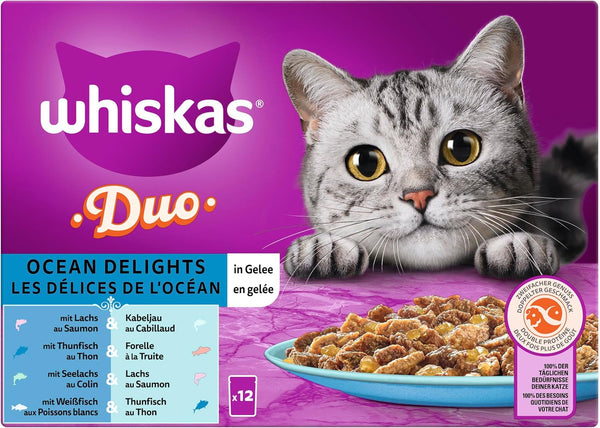 WHISKAS Duo pungi porționate pentru hrană umedă multipack, Delicii oceanice în jeleu, 12 X 85G