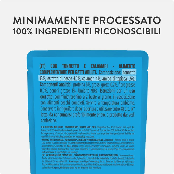 , Supă cu fileuri de ton și calamari, hrană umedă complementară pentru pisici, rețeta originală, 100% naturală, 12 pungi la 40 G