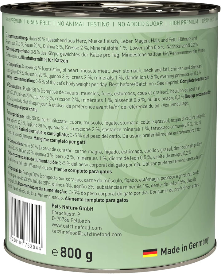 Hrană umedă pentru pisici Catz Finefood Classic N° 15 Chicken & Pheasant - Hrană umedă gourmet pentru pisica dvs. fără zahăr și cereale, fără gluten - cu conținut ridicat de carne, fabricată în Germania (6 cutii de 800 g)