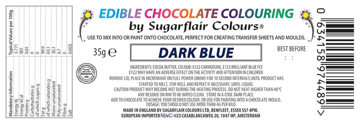 Colorant alimentar Sugarflair Chocolate Colorant alimentar pentru ciocolată, albastru închis - Unt de cacao colorat, Colorant ciocolată pentru colorarea ciocolatei, Praline - 35g