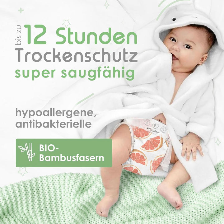 Scutece din bambus organic Pureborn Eco, dimensiune pentru nou-născuți (până la 5 kg), ecologice, hipoalergenice, ultra-moale, cu indicator de umiditate, diverse imprimeuri Mama si Copilul Naty Shop