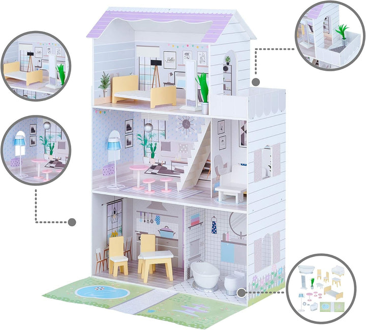Teamson Kids Olivias Little World Giant Doll House cu 16 accesorii pentru păpuși, casă de păpuși din lemn cu mobilier, cu 3 etaje, casă de păpuși pentru copii pentru păpuși de 12 inci/30 cm, vârsta 3 ani+ Casute de papusi Naty Shop