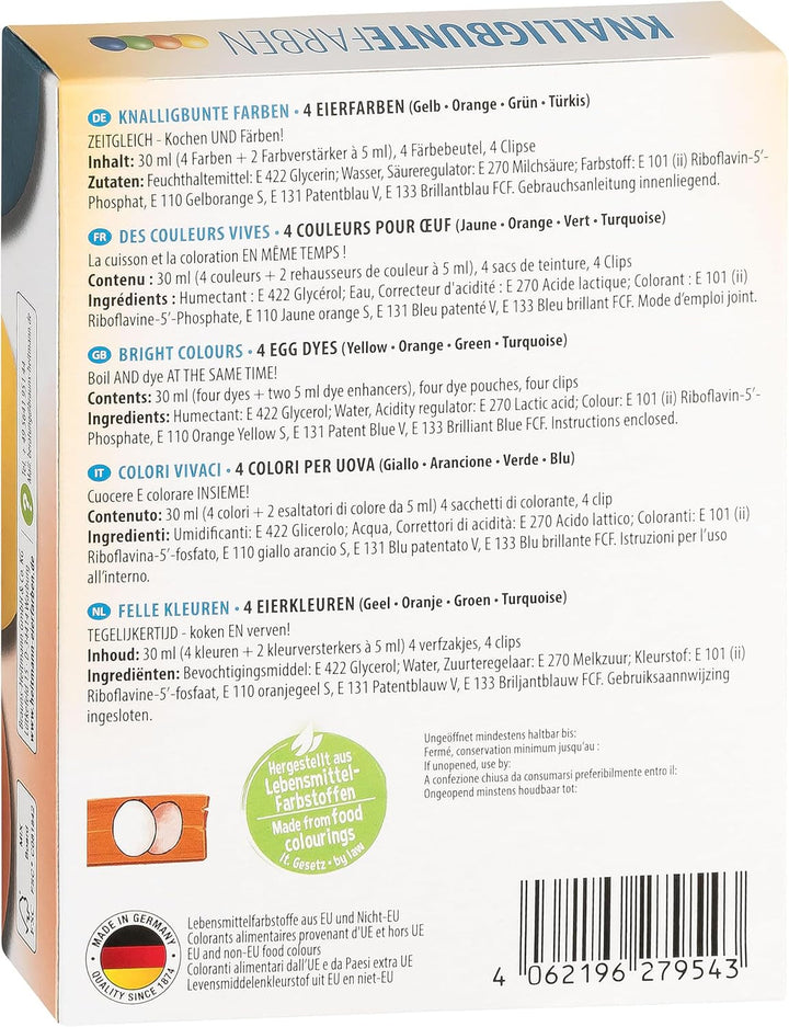 Culori de ou Heitmann, culori strălucitoare - 4 sticle de coloranți de ou (galben, portocaliu, verde, albastru), 2 intensificatori de culoare, 4 pungi de colorant, 4 cleme