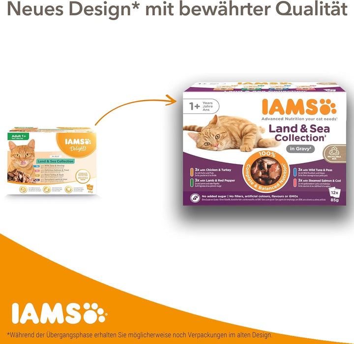 IAMS Delights Land Collection Hrană umedă pentru pisici - Multipack cu sortimente de carne (miel, vită, pui și curcan) în sos, hrană umedă pentru pisici de peste 1 an, 12 X 85G