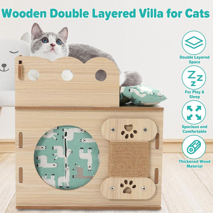 Căsuță din lemn pentru pisici cu covoraș moale, stivuibilă, pliabilă, cub pentru pisici, combinație de cățărat pentru pisici, cu îmbinare spațială