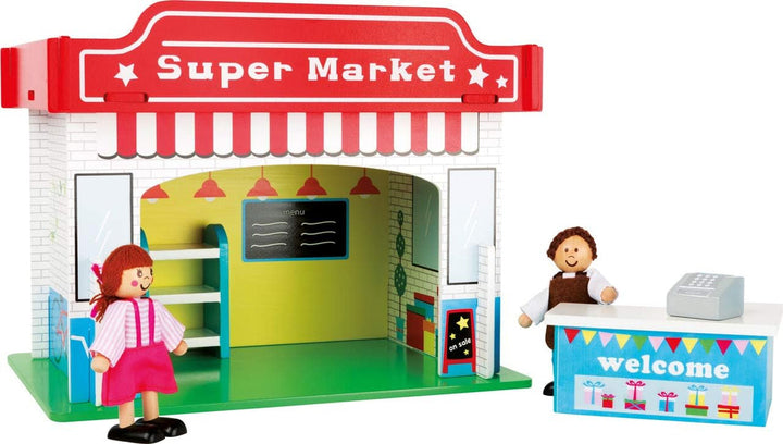 Small Foot 10852 Playhouse Restaurant Fabricat din lemn, Cu 2 figurine pentru păpuși, accesorii și acoperiș detașabil, De la 3 ani Casute de papusi Naty Shop Supermarket