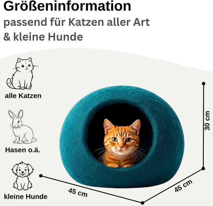 Pat pentru pisici XL, Peșteră pentru pisici – Lână Romney fină – Îmâslită puternic – Robustă la exterior și moale la interior – Lavabilă la mașină (petrol)