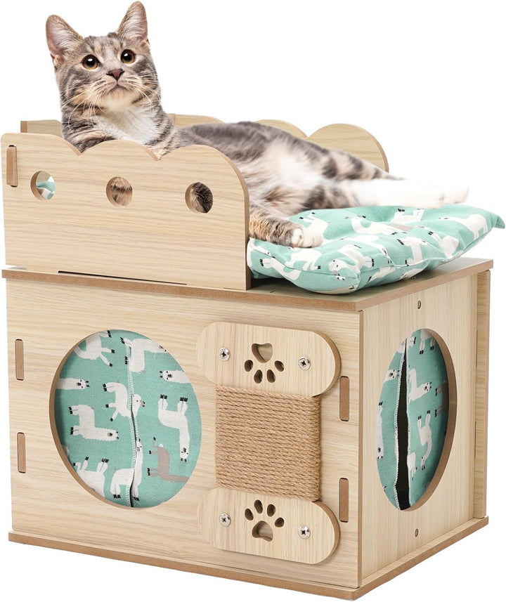Căsuță din lemn pentru pisici cu covoraș moale, stivuibilă, pliabilă, cub pentru pisici, combinație de cățărat pentru pisici, cu îmbinare spațială