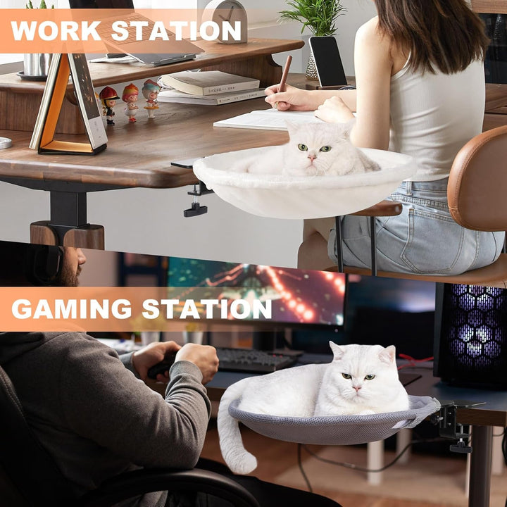 Pat pentru pisici Uross pentru birou - Rotabil la 360° și reglabil pe înălțime, Hamac moale pentru pisici cu 2 huse lavabile, Loc de dormit pentru pisici la birou - Utilizare pe tot parcursul anului (Bej)