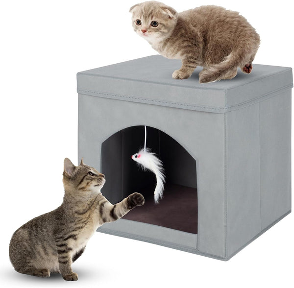Pat pliabil pentru pisici sau pisoi de interior, scaun pliabil pentru pisici cu cub și peșteră, gri, 13 x 13 x 13 cm