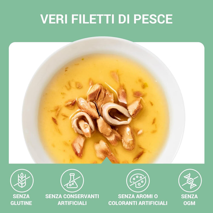 , Supă cu fileuri de ton și calamari, hrană umedă complementară pentru pisici, rețeta originală, 100% naturală, 12 pungi la 40 G