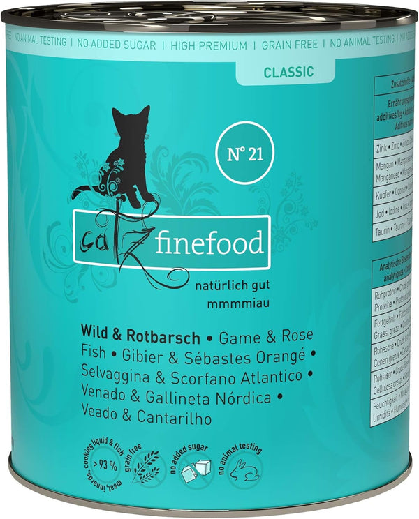 Catz Finefood N° 21 Game & Redfish Delicatessen Hrană umedă pentru pisici, rafinată cu cartofi și afine, cutii de 6 X 800G