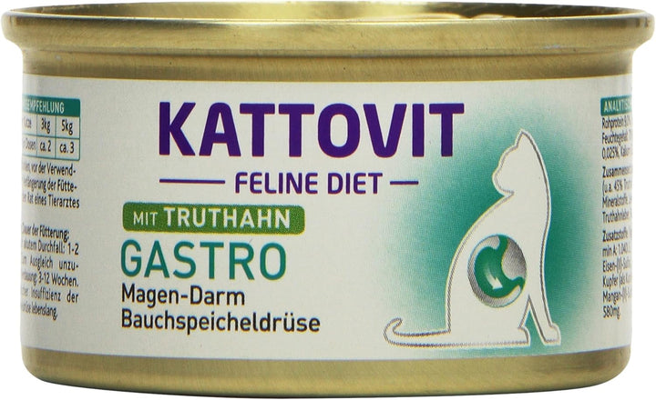 KATTOVIT - Gastro Hrană umedă pentru pisici | Hrană umedă pentru pisici pentru susținerea sistemului gastrointestinal | Hrană dietetică completă într-o cutie pentru pisici adulte. Fără gluten | 12 X 185 G E