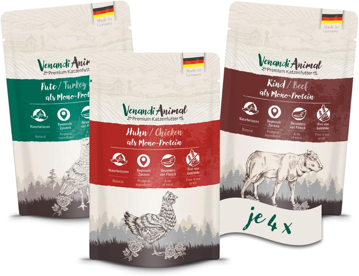 Venandi Animal - Hrană umedă premium pentru pisici, tasting pack I, pui, curcan, vită, 12 X 125 G (pachet de 12), fără cereale și naturală