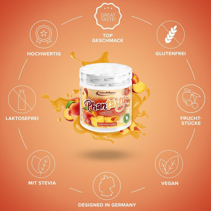 Ironmaxx Phantasty - Creamy Peach 250G Dose | Veganes Geschmackspulver Mit Echten Frucht- Oder Nussstückchen | Perfekter Zuckerersatz Indulcitori Naty Shop
