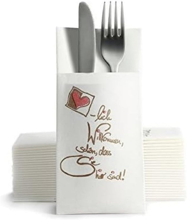 CHIC Airlaid 50 șervețele pentru tacâmuri pungi pentru tacâmuri, asemănătoare țesăturii, șervețel de unică folosință de înaltă calitate, 39X40Cm, model alb de bun venit cald 50 bucăți (pachet de 1)