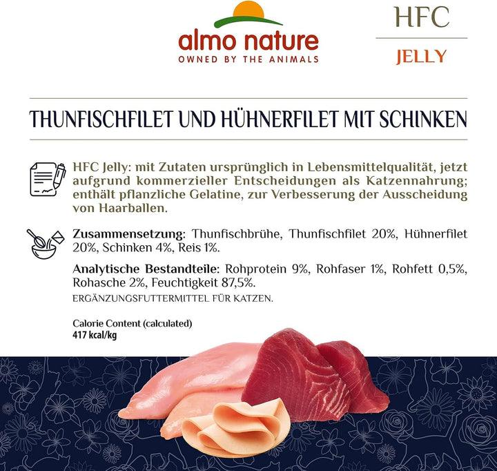 Almo Nature HFC Jelly Hrană umedă pentru pisici adulte File de ton și file de pui cu șuncă -24 X 55 G.