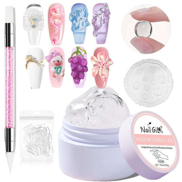 NAILGIL Gel solid pentru ojă, gel solid pentru adeziv pentru unghii, sculptură 3D pentru unghii cu set de instrumente, salon DIY acasă, transparent 15G