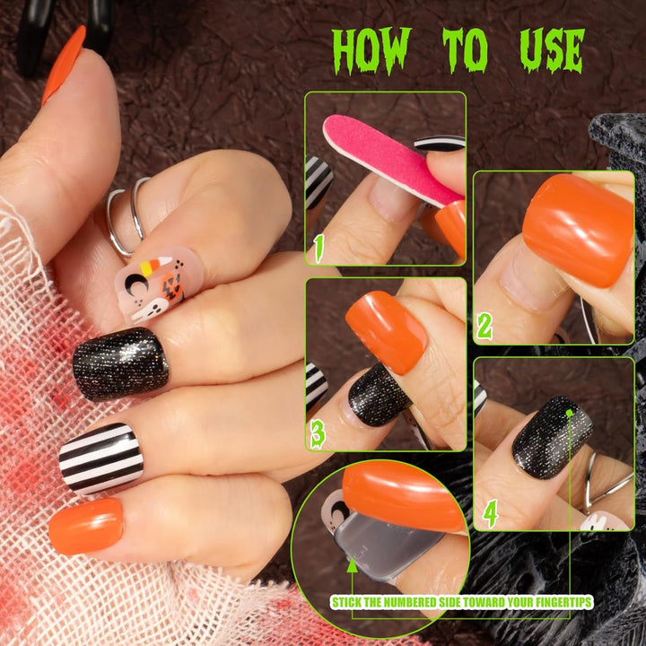 72 buc unghii de Halloween unghii false autoadezive unghii artificiale scurte unghii autoadezive presate dovleac fantomă unghii artificiale vârfuri unghii artă portocaliu verde negru