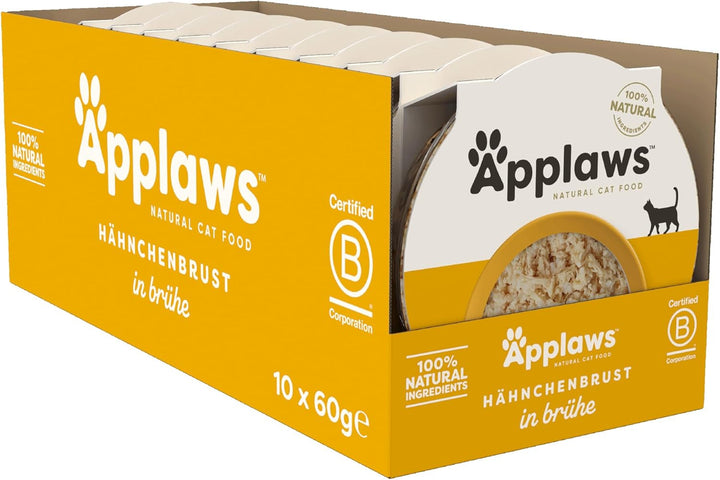 Applaws 100% hrană umedă naturală pentru pisici, file de ton cu creveți în oală cu bulion, 60G (10 X 60G)