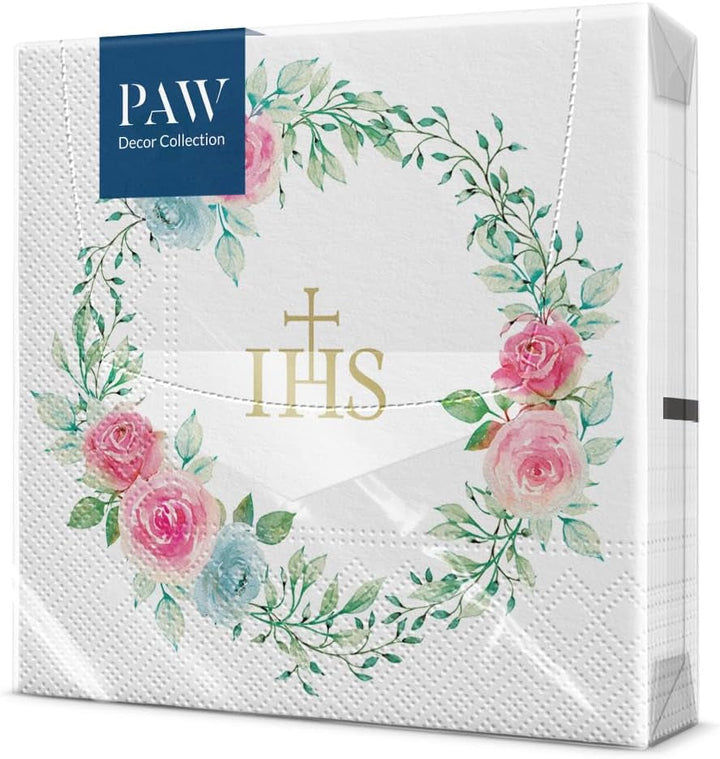 PAW - Șervețele 3 straturi (33 X 33 Cm) I 20 bucăți I Perfect pentru comuniune, confirmare, botez I Ideal pentru băieți și fete I Decorațiuni de masă Șervețele de hârtie elegante - IHS Roses I Delicate Roses