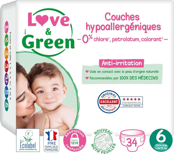 Love & Green, Scutece pentru bebeluși, hipoalergenice, mărimea 6 (34 unități) Mama si Copilul Naty Shop
