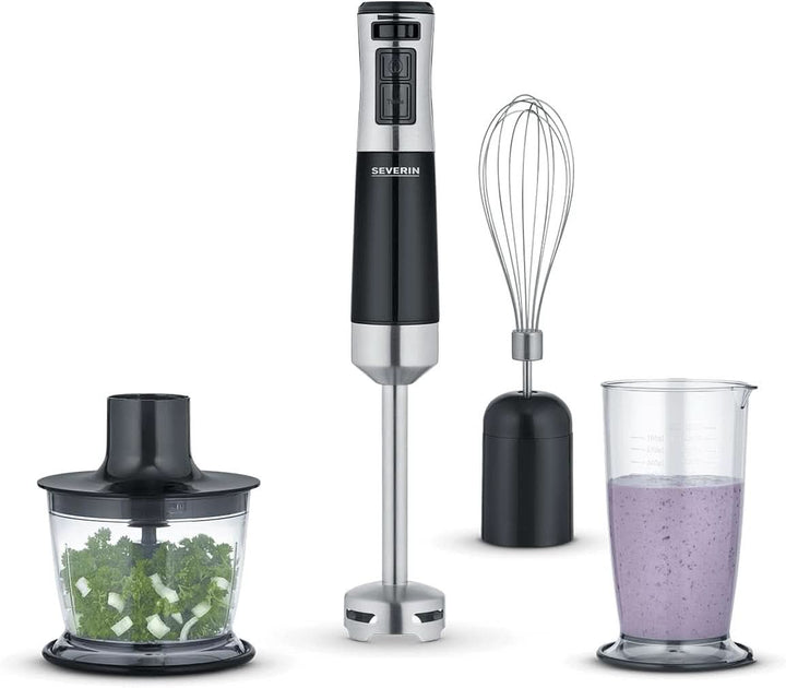 SEVERIN Kabelloser Stabmixer Mit Premium-Set, Abnehmbarer Mixstab, Mit Pürierstab, Multizerkleinerer, Mixbehälter, Kartoffelstampfer & Schneebesen, Schwarz/Edelstahl-Gebürstet, SM 3775 Mama si Copilul Naty Shop 600 W Inkl. Zubehör-Set