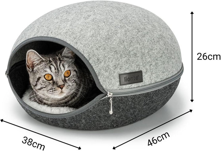 Peșteră pentru pisici Lionto din fetru robust, peșteră confortabilă pentru pisici cu fermoar, 46 x 38 x 24 cm, pat confortabil și modern pentru pisici cu pernă moale și lavabilă, gri