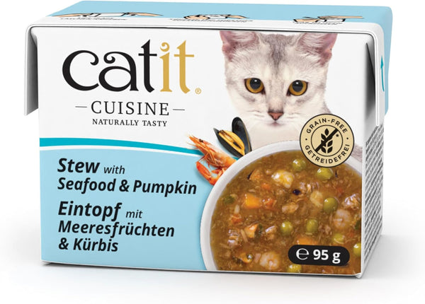 Catit Cuisine - Hrană umedă premium pentru pisici - Tocăniță cu fructe de mare și dovleac, hrană complementară, 95G, fără cereale, conținut ridicat de carne