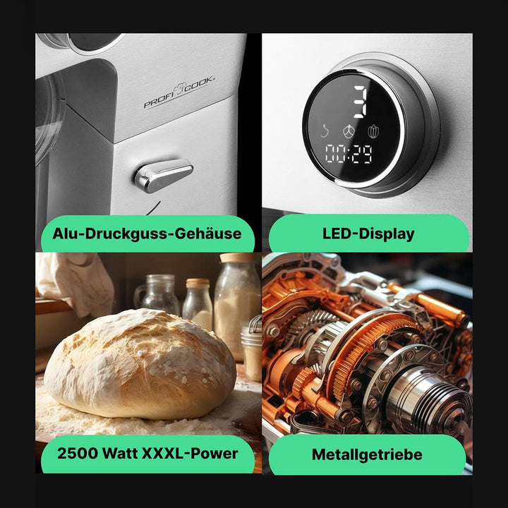 Proficook® Küchenmaschine Mit XXL 12L Schüssel | Knetmaschine Mit 2500W Longlife-Profi-Motor | Metallgetriebe Und Led-Display | Food Processor Für Bis Zu 8,5 Kg Teig |13 Geschwindigkeiten | PC KM 1254 Mama si Copilul Naty Shop
