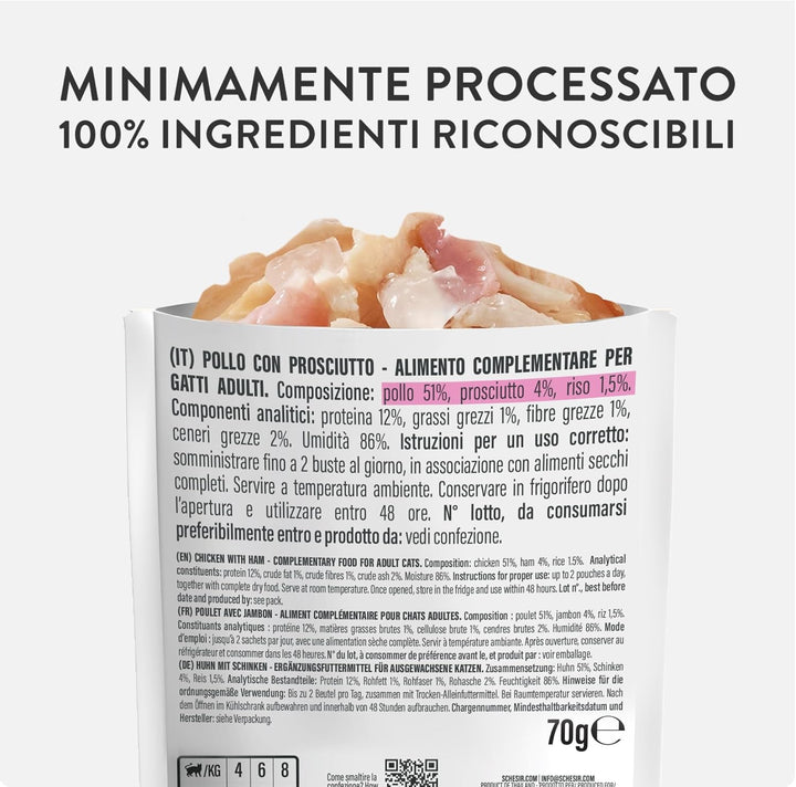 , File de pui cu șuncă în jeleu, Hrană umedă complementară pentru pisici, Rețetă originală, 100% naturală, 12 pungi a câte 70 g