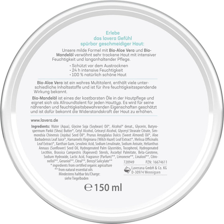 Lavera Basis Sensitiv, îngrijire intensivă pentru pielea uscată cu Aloe Vera si ulei de migdale, 150 ml Naty Shop