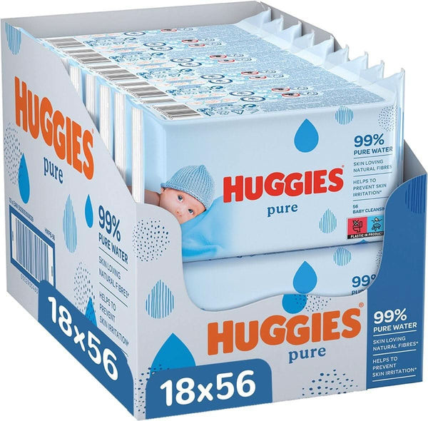 Huggies Pure, șervețele pentru bebeluși, 18 pachete (1008 șervețele în total) — 99% apă pură — fără parfum pentru curățare și protecție blândă Servetele Umede Bebelusi Naty Shop