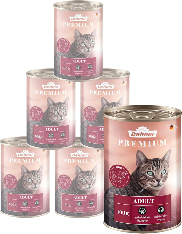 Dehner Premium Cat Food, Hrană umedă fără cereale, Pentru pisici adulte, Carne de vită, cutie 6 X 400 G (2,4 kg)