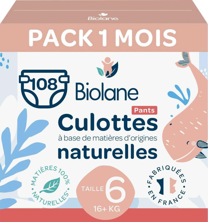 BIOLANE - Pantaloni scutece - Marimea 6 (16 + kg) - Fara scurgeri timp de 12 ore - Pachet 1 luna - 108 scutece - Ecologic Mama si Copilul Naty Shop