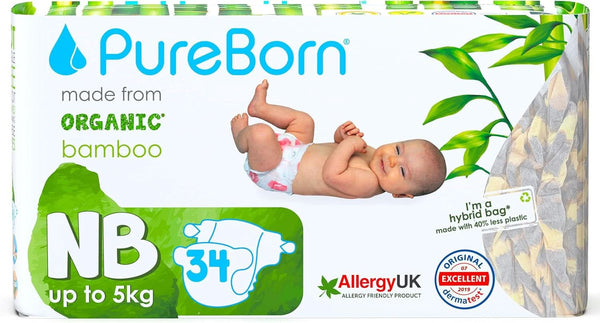 Scutece din bambus organic Pureborn Eco, marime pentru nou-nascuti pana la 5 kg, ultra-moale, hipoalergenice, cu indicator de umiditate, diverse imprimeuri Mama si Copilul Naty Shop Nou-nascut (34 buc)