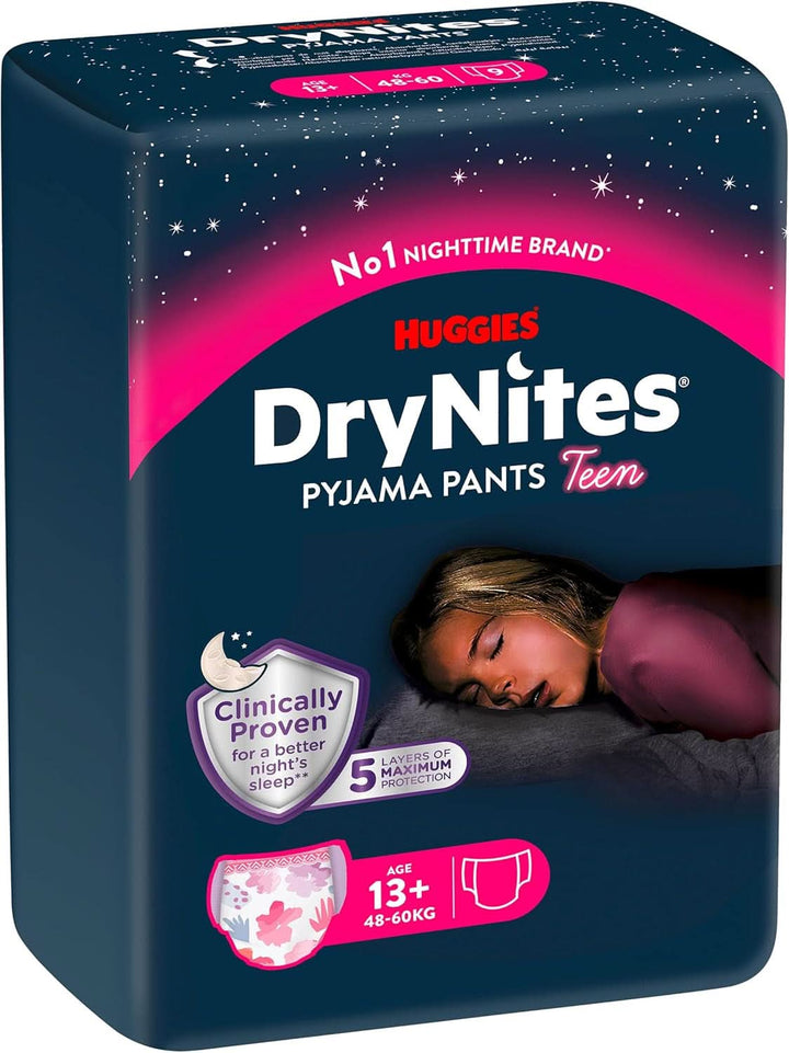Scutece de noapte Huggies Drynites pentru fete de la 13 la cca 17 ani (48-60 kg), 27 bucati (3X9), pachet lunar Mama si Copilul Naty Shop